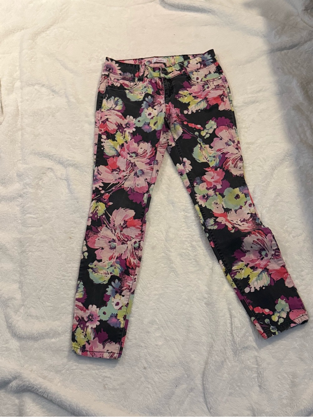 Candie's Black Floral Skinny Jeans with Pink & Lime Accents